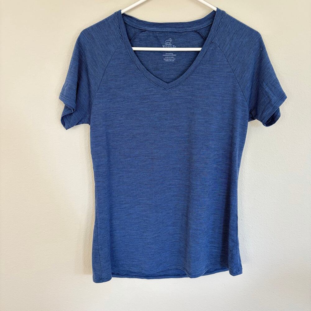 WOOLX Blue Stripe V-Neck Short Sleeve Tee (M) Womens